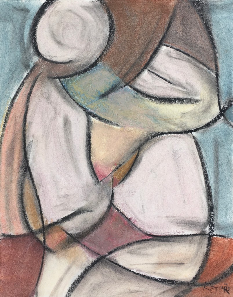 Original abstract artwork, compressed charcoal and pastel on paper, 11x14.